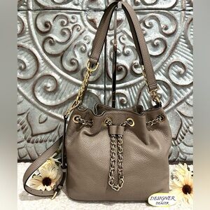 MICHAEL KORS Frankie Medium Drawstring Messenger Bag EUC! Taupe